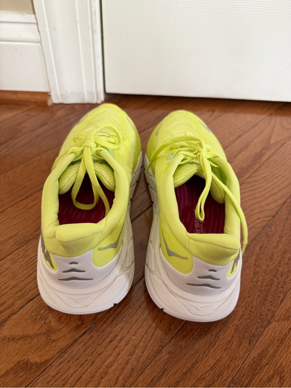 Women’s Hoka Arahi 6 Neon Yellow Athletic Running Shoes with Orange Accents - Picture 2 of 9